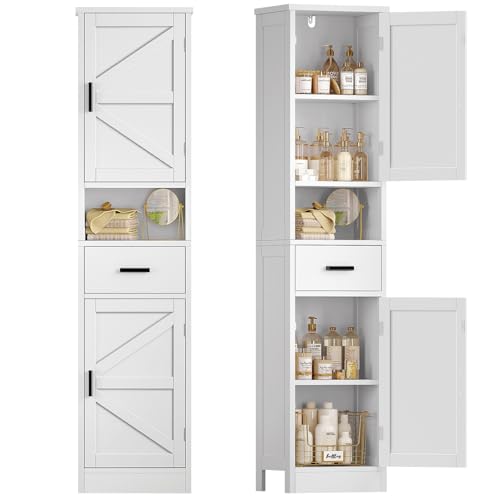 TEENFON 67" H Bathroom Storage Cabinet with Barn Doors & Adjustable Shelves, Bathroom Cabinet with Drawer, Narrow Bathroom Storage Unit, Floor Cabinets for Living Room, Kitchen, White - color: White