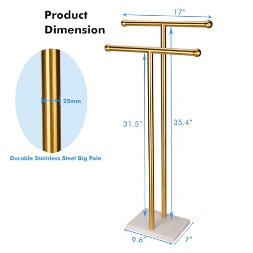WAYDELI Standing Towel Rack Double-T Shape Tall Bath Towel Sheet Holder with Marble Design Base for Bathroom 2 Tier Towel Holder Stand Stainless Steel (Brushed Gold) - color: Brushed Gold