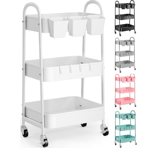 3 Tier Heavy Duty White Metal Rolling Cart with Lockable Wheels, Three Tier Roller Book Snack Cart, Utility Storage Organizer Carts for Kitchen, Bathroom, Garage, Baby Diaper, Craft, Art, Teacher - color: Simple White, size: 3 tier