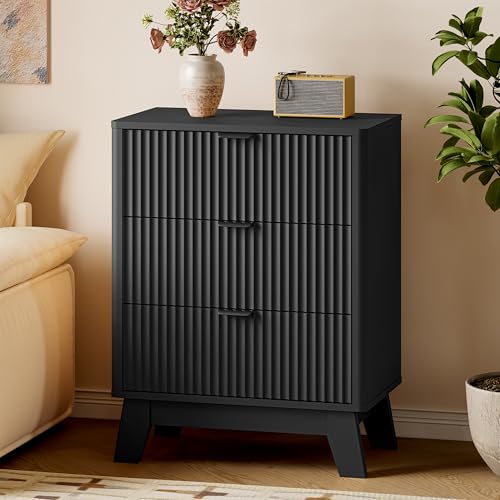 BORNOON Fluted Night Stand, 3 Drawer Bedside Table Dresser with Metal Handles, End Side Table Storage Cabinet for Bedroom - color: Black, size: Rounded Edge
