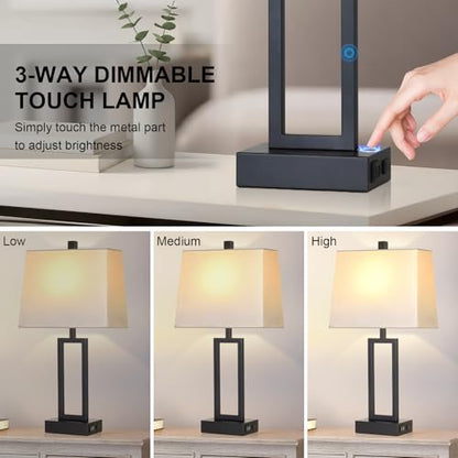 Touch Control Table Lamps with 2 USB Charging Ports & AC Outlets, 23" Tall Modern Nightstand Bedside Lamp for Bedroom, 3-Way Dimmable Metal Table Lamp with Fabric White Shade for Living Room End Table - color: White