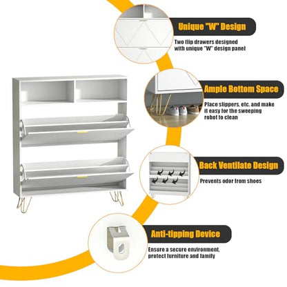 JOZZBY Large Shoe Cabinet for Entryway, 46'' Tall Narrow Shoe Storage Cabinet with 2 Flip Drawers and Open Shelves, White Freestanding Shoe Organizer for Hallway, Living Room - size: Smooth