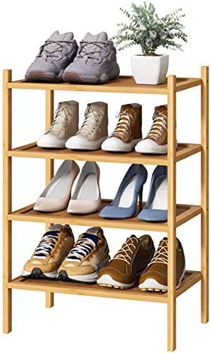 kiplant Small Shoe Rack, 4-Tier Bamboo Wood Shoe Rack for Entryway, Stackable Shoe Organizer for Hallway Closet, Free Standing Shoe Racks for Indoor & Outdoor - color: Natural, size: 4-Tier_Small