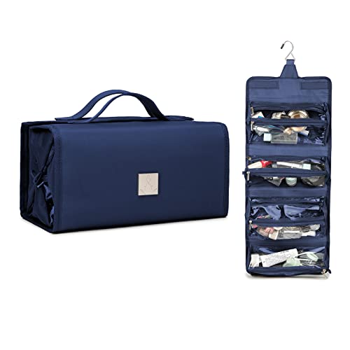Roll Up Makeup Bag, Travel Toiletry Bag for Women with 4 Clear TSA Approved Pouches, Hanging Travel Organizer, Folding Cosmetic Bag for Men and Women - color: Navy