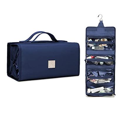 Roll Up Makeup Bag, Travel Toiletry Bag for Women with 4 Clear TSA Approved Pouches, Hanging Travel Organizer, Folding Cosmetic Bag for Men and Women - color: Navy