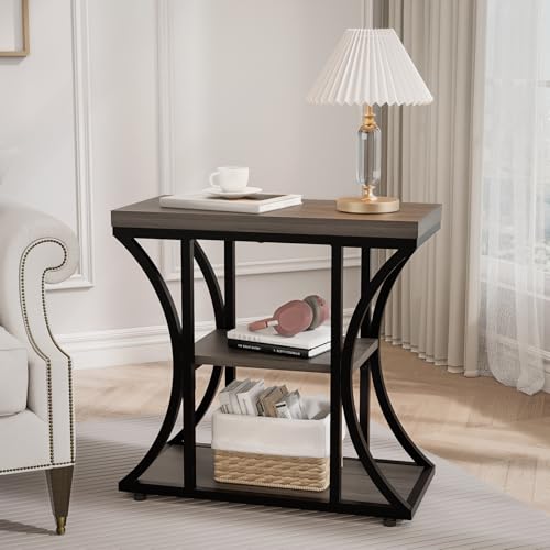 3-Tier End Table, Grey Nightstand with Storage Shelves, Narrow Side Table for Living Room, Bedroom, Small Spaces – Wood and Metal Accent Table (1, Grey) - color: Grey