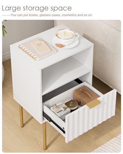 Nightstand,Modern Bedside Table with Gold Frame,White Night Stand,Bedside Furniture, Modern Side Table with Drawer and Shelf for Bedroom,Living Room (White) - color: White