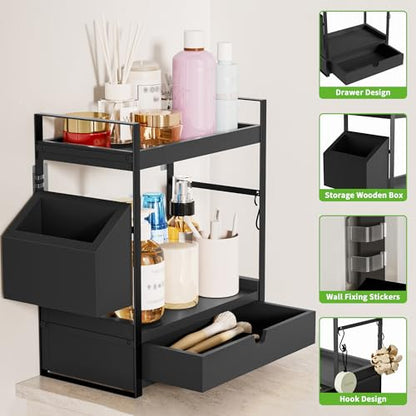 2-Tier Bathroom Counter Organizer, Wooden Vanity Shelf with Drawer & Basket | Pre-Drilled Holes, Skincare & Makeup Countertop Organizer and storage, Black - color: Black