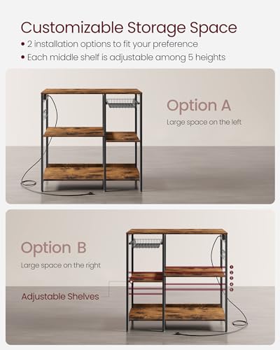 VASAGLE Baker's Rack, Coffee Bar Stand with Charging Station, 35.6 Inches Tall, Storage Shelves, Pull-Out Wire Basket, Table for Microwave, Kitchen, Rustic Brown and Ink Black UKKS036K01 - color: Rustic Brown + Ink Black, style: With Power Outlet