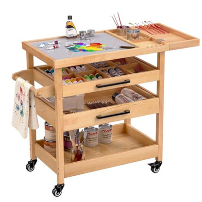 GDLF Art Storage Cart with 2 Drawers, Artist Taboret on Wheels with Tempered Glass Mixing Palette, Beech Wood Rolling Cart with Brush Holder, 2 Rinse Cups & Paper Towel/Towel Bar