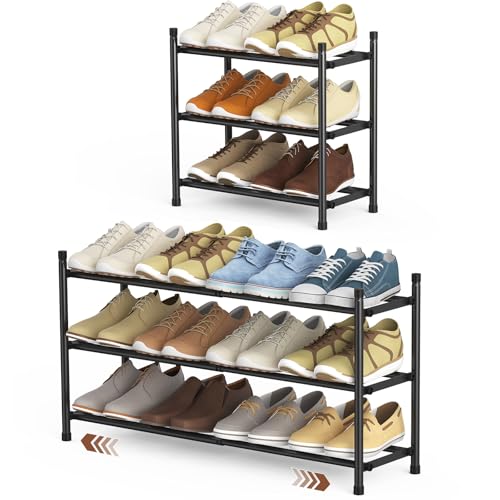 Uneviesyka Expandable Shoe Rack, 3 Tier Shoe Rack for Closet, Stackable Adjustable Standing Metal Shoe Shelf Organizer Storage, Small Shoe Racks for Front Door Entrance、Entryway(Black) - size: 3 Tier