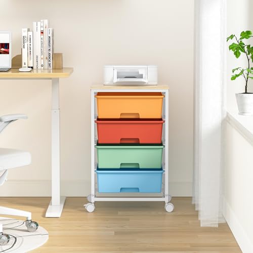 SYKIARIOL Rolling Cart with Drawers, 4-Drawer Utility Cart, Macaron | Storage Cart with 4 Drawers and Wooden Tabletop & Lockable Wheels for Home Office, Bedroom, Kids Room, Classroom,4 Tiers - color: Macaron