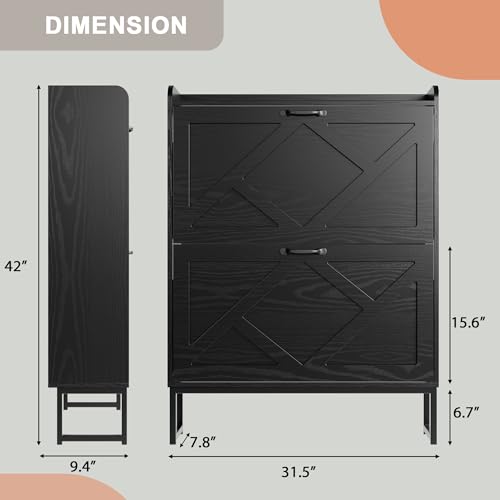 Nicetree Shoe Storage Cabinet with 2 Flip Drawers, Freestanding Shoe Organizer, Shoe Cabinet with Metal Legs, Narrow Shoe Rack Cabinet, Farmhouse Slim Shoe Cabinet for Entryway, Foyer, Hallway, Black - color: Black