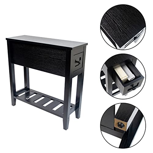 Narrow End Table, Black Couch Table with Drawer, Slim Bed Side Table for Small Space/Night Stand Set of 2, Side Table for Couch - size: 2 set black