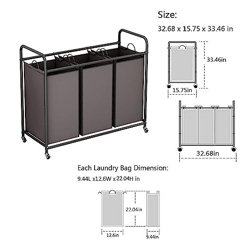 LINZINAR 3-Bag Laundry Sorter,Laundry Hamper Cart with Heavy Duty Rolling Lockable Wheels and Removable Bags (Brown) | Laundry Room Organization with Heavy Duty Rolling Lockable Wheels and Removable Bag, Bedroom Laundry Cart for Clothes Storage - size: 3