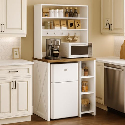 DWVO White Mini Fridge Cabinet Stand with Storage, 6-Tier Bakers Rack with Power Outlet, Kitchen Microwave Stand Farmhouse Tall Coffee Bar Station for Dining Room Living Room Dorm Office | Fits mini fridge, 6-tier storage, built-in power outlet, farmhouse