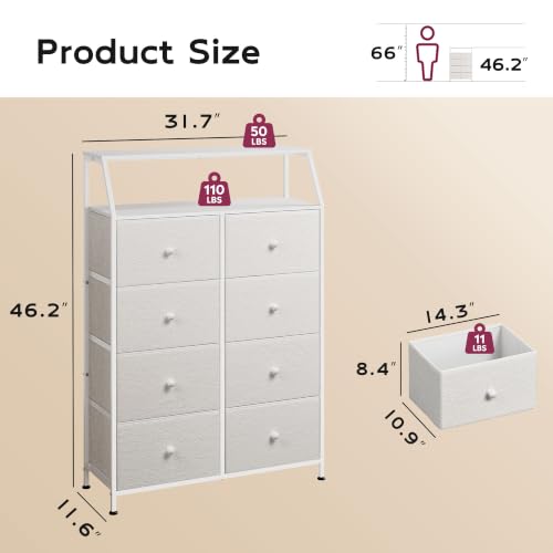 WLIVE White Fabric Dresser for Bedroom, 8 Drawer Tall Chest of Drawers | Premium Bouclé Fabric Dresser, Storage Tower with Open Shelf,Easy Assembly Dresser - color: Cream White, style: Raised Shelves