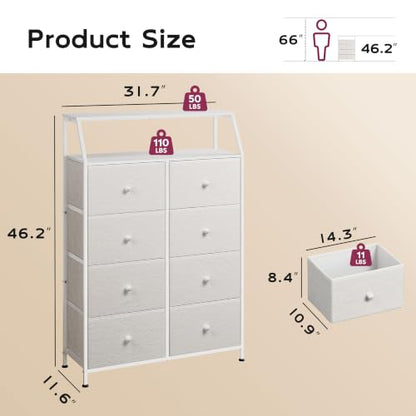 WLIVE White Fabric Dresser for Bedroom, 8 Drawer Tall Chest of Drawers | Premium Bouclé Fabric Dresser, Storage Tower with Open Shelf,Easy Assembly Dresser - color: Cream White, style: Raised Shelves