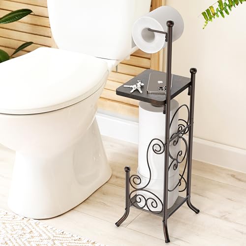 Simple Houseware English Style Toilet Paper Stand Holder w/Woodtop, Bronze | 4 Paper Rolls, 8.5" x 8.75" x 29.2" - color: Bronze, size: Wood Shelf - 29.2''H