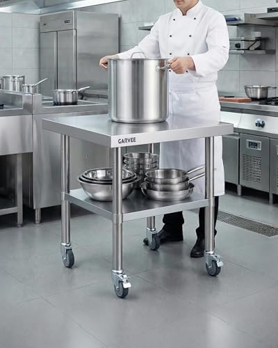 Garvee Stainless Steel Work Table, 24x36x26 Inch Commercial Food Prep Worktable with Wheels, Detachable 3-Sided Backsplash & Height-Adjustable Shelf, Heavy Duty Workbench for Kitchen Restaurant Garage