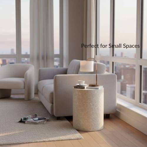 PEMAR Capiz Shell Cylinder Drum End Table Nacre Side Table Stool Round Drum Accent Coffee Bedside Nightstand and Vanity Stool, 13" Diameter x 19.3" High, White Cream - color: White Cream