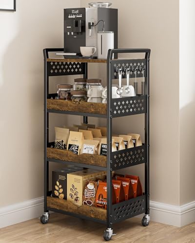 Giwil 4-Tier Rolling Storage Cart, Small Coffee Bar Crafts Makeup Cart with Wooden Top Snack Organizer for Pantry, Utility Kitchen Cart On Wheels for Onions Potatoes, Black - size: 4 Tier