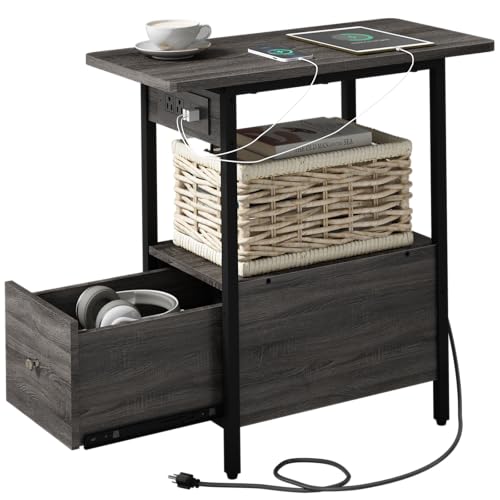 LIDYUK End Table with Charging Station, Narrow Side Table with Drawer and USB Ports & Power Outlets, Nightstand Bedside Tables for Small Spaces, Bedroom, Living Room, Dark Grey - color: Dark Grey, size: Pack of 1