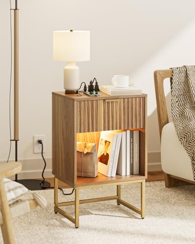 Masupu Fluted Nightstand with Charging Station and LED Lights,Modern Night Stand Wood Bedside Table with Storage Drawer Side End Table for Bedroom,Office,Walnut Brown - color: Light-walnut Brown