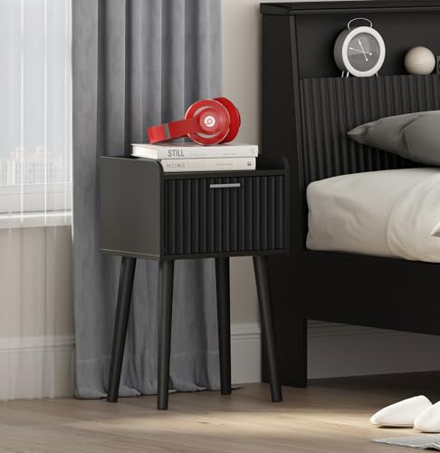 LAATOOREE Nightstand Set of 2, Small Bed Side Table with Fluted Door, End Table with Solid Wood Legs, Mid-Century Bedside Table for Bedroom Small Space - color: Black, style: Fluted Style