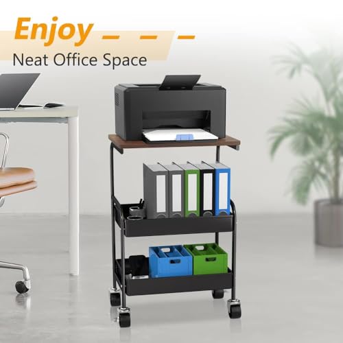Rolling Cart with Wooden Tabletop, 3 Tier Metal Utility Cart, Rolling Storage Organizer Cart with Lockable Wheels for Kitchen, Office, Bedroom (Black) - color: Black