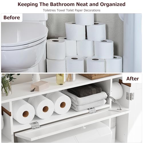 Over The Toilet Storage Cabinet, Bathroom Space Saver with Paper Holder and Adjustable Shelves, Freestanding Toilet Cabinet Organizer with 2 Side Doors and Pull-Down Door, White