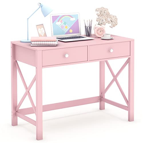 WiberWi Home Office Desk with Drawers, Modern Writing Computer Desk for Bedroom, Small Makeup Vanity Table Study Table for Home Office,Pink - color: Pink