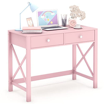 WiberWi Home Office Desk with Drawers, Modern Writing Computer Desk for Bedroom, Small Makeup Vanity Table Study Table for Home Office,Pink - color: Pink