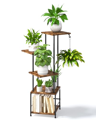 Homsorout Plant Stand Indoor - 5-Tier Metal Plant Shelf with Hanging Basket Hook, Corner Tall Flower Holder for Multiple Plants, Living Room Balcony Garden Patio, Rustic Brown - color: 5-Tiered Brown