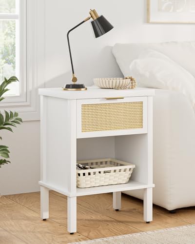 Rattan Nightstand with Drawer and Open Shelf, Boho Side Table with Gold Handle, Small Night Stand, Modern Bedside Table for Bedroom, White - color: White