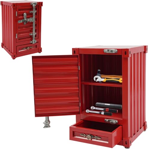 Industrial Shipping Container Cabinet, 3-Tier Nightstand with Drawers, End Tables Bedside Table Container Style Locker Wrought, Retro Style Metal Container Cabinet for Bar, Bedroom, Garage (Red) - color: Red