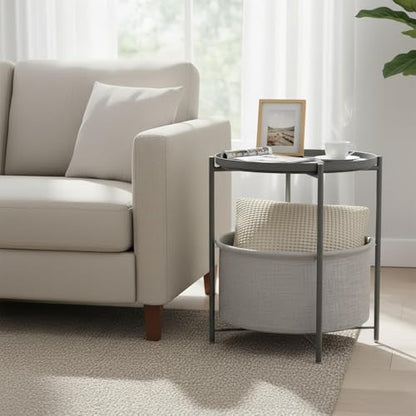 danpinera Round Side Table with Fabric Storage Basket,Small Sofa Table | Metal End Stand for Small Space, Living Room, Bedroom, Nursery, Laundry, Modern Nightstand with Removable Serving Tray, Gray - color: Grey