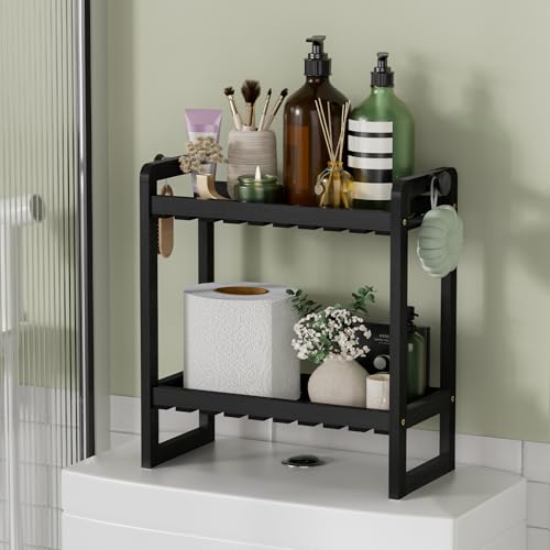 AmazerBath Bamboo Over The Toilet Storage Shelf - 2-Tier Bathroom Organizers and Storage Shelves, 2 in 1 Dual Stable Above Over Toilet Bathrooms Shelf Home Storages Rack for Small Bathroom, Black - color: Black, size: 2-Tier