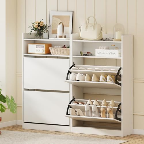 Giantex Shoe Cabinet with 2 Flip Drawers, Freestanding Hidden Shoe Rack Organizer Cabinet with 2 Open Shelves, Slim Shoe Storage Cabinet for Entryway, Hallway, Foyer, White