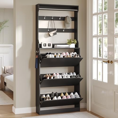 Wodeer Tall Shoe Cabinet with Coat Rack, Hidden Shoe Storage Cabinet with Doors & Drawer, Hanging Bar & Hooks, Slim Narrow Freestanding Shoe Rack Organizer for Entryway, Hallway & Living Room, Black - color: Black, style: Tall 3 Drawers