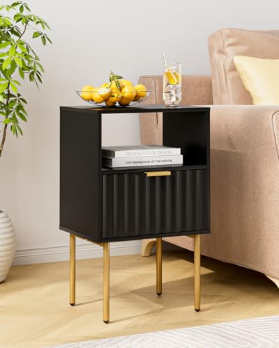 Nightstand,Modern Bedside Table with Gold Frame,White Night Stand,Bedside Furniture, Modern Side Table with Drawer and Shelf for Bedroom (Black) - color: Black