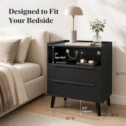 26 Inch Tall Black Oak Nightstand with Charging Station, 2 Drawers | 24 inch wide, 16 inch deep design with raised-edge tray top, open shelf, hidden storage, and a streamlined look - color: Black Oak