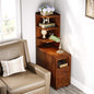Solid Wood End Table with Charging Station and Reversible Corner Shelves, Tall Narrow Side Table with Drawers, USB Ports and Outlets for Living Room and Bedroom, Walnut