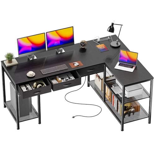 PRAISUN 55 Inch L Shaped Office Desk with Power Outlets and Type-C Port, Large Computer Gaming Desk with 3 Fabric Drawers, Mesh Shelves, Corner Study Work Writing Desk, Black - color: Black, size: 55.1inch