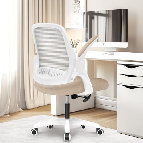 NEO CHAIR Office Desk Gaming Ergonomic Computer Chair with Lumbar Back Support Adjustable Height Swivel Rolling Wheels Flip-up Arms Mesh Chair for Home Vanity (Beige) - color: Beige