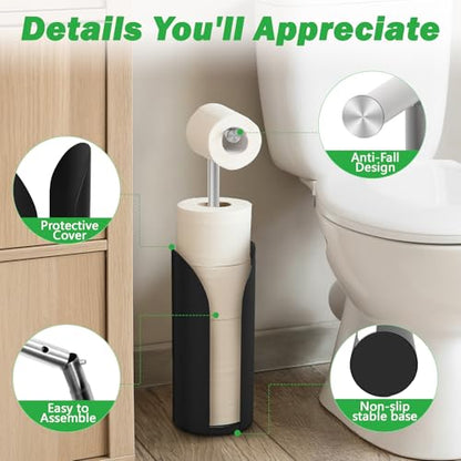 Toilet Paper Holder Stand for Bathroom, Stainless Steel Freestanding Rustproof Tissue Roll Holder with Storage Splash Guard, Holds 5 Rolls, Modern Black Bathroom Organizer, 21 Inch