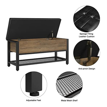 HOSTACK 40" W Storage Bench, Entryway Shoe Bench with Cushion, Rustic Brown | Wood Metal Bench with Flip-Open Hidden Storage, Ottoman Bench with Padded Seat & Shoe Rack for Hallway, Bedroom, Living Room - color: Rustic Brown