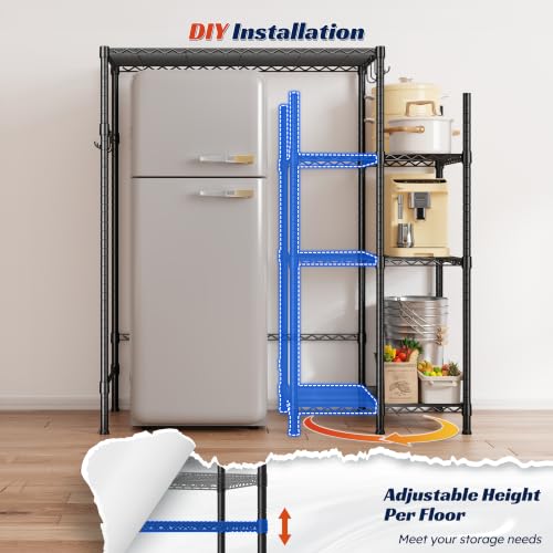 REIBII Mini Fridge Stand with Storage, 4-Tier Adjustable Shelves, 380 lbs | With 8 Hooks, Fits Mini Fridge & Kitchen Appliances, Heavy Duty Steel Frame, Easy Tool-Free Assembly, Dorm & Pantry - size: 52.2"H×38.12"W×18.2"D