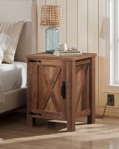 WLIVE Farmhouse Nightstand with Charging Station, Rustic Brown End Table with Barn Door and Adjustable Storage Shelf, 18" Modern Wood Night Stand Bedside Table for Bedroom - color: Rustic Brown
