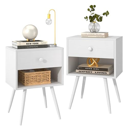 VECELO Nightstands Set of 2, Mid Century Modern End Bedside Table, Night Stand with Storage Drawer and 2 Tiers Open Shelf for Small Place, Bedroom, Living Room, Easy Assembly, Pure White - color: Pure White